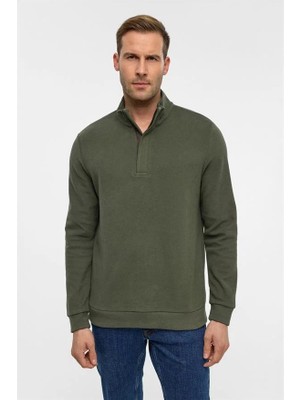 Süvari Haki Regular Düz Fermuarlı Polo Yaka Sweatshirt