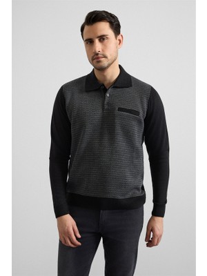Süvari Siyah Regular Düz Fermuarlı Polo Yaka Sweatshirt