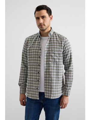 Süvari Haki Regular Düğmeli Yaka Kareli Casual Gömlek