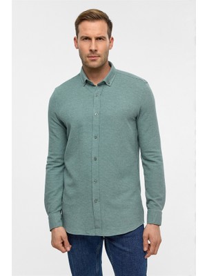 Süvari Haki Slim Düğmeli Yaka Manşetli Casual Gömlek