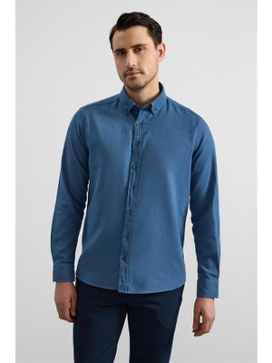 Süvari Mavi Slim Düğmeli Yaka Düz Casual Gömlek