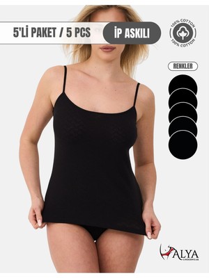 Alya Underwear %100 Pamuk Kumaşlı Ip Askılı Kadın Atlet Jakarlı Ribana Kalp Işlemeli 5\'li Paket