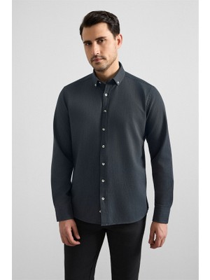 Süvari Antrasit Slim Düğmeli Yaka Düz Cepsiz Casual Gömlek