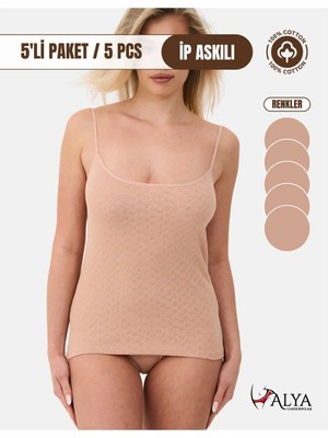Alya Underwear %100 Pamuk Kumaşlı Ip Askılı Kadın Atlet Jakarlı Ribana Kalp Işlemeli 5\'li Paket