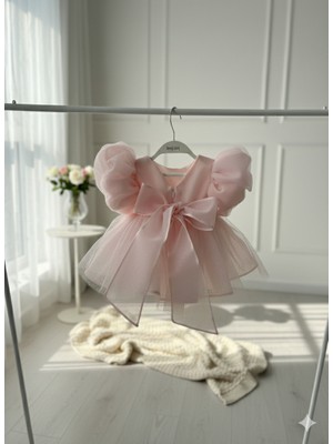 Bertuğ Bebek Simli Organze Pembe Kız Çocuk Bebek Abiye Romper Elbise