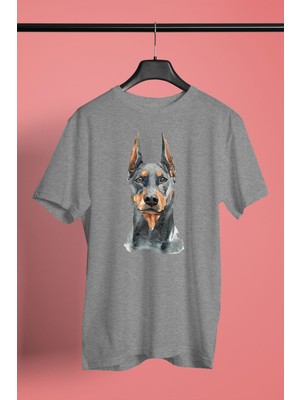 Darkhane Asil Köpek Doberman Unisex Gri Tişört - T-Shirt UT006