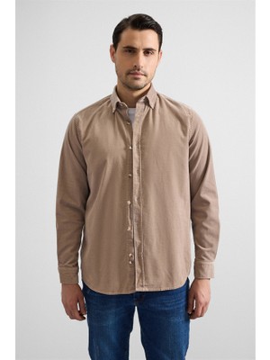 Süvari Bej Regular Düğmeli Yaka Casual Gömlek