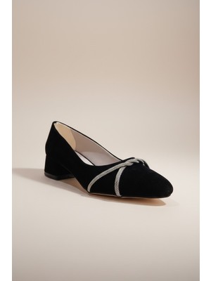 Modayak Zarif Siyah Düşük Kare Topuk Yuvarlak Burun Taşlı Topuklu Ayakkabı