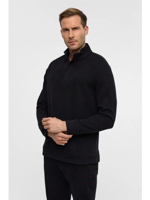 Süvari Siyah Regular Düz Fermuarlı Polo Yaka Sweatshirt