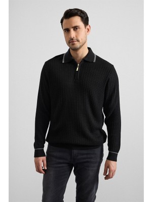Süvari Siyah Regular Fermuarlı Polo Yaka Kazak