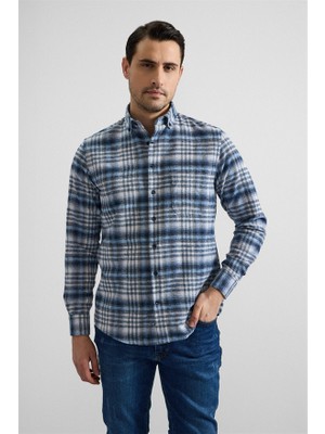 Süvari Mavi Regular Düğmeli Yaka Kareli Casual Gömlek