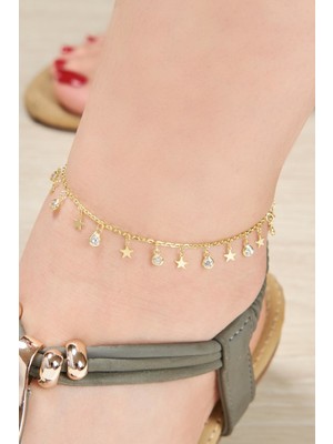 TMT Gümüş Yıldız Pullu Halhal Altın Kaplama 26 cm Uzunlukta Zarif Kadın Aksesuarı