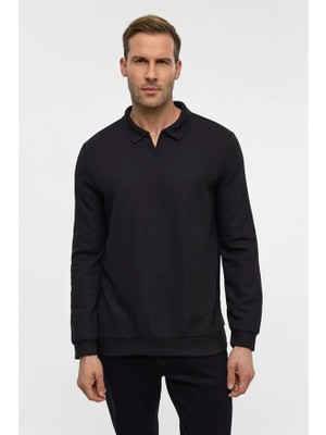 Süvari Siyah Regular Düz Fermuarlı Polo Yaka Sweatshirt