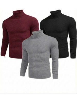 Glam Love 3'lü Siyah, Bordo, Gri   Kaşkorse Boğazlı Full Likralı Fitilli Body Kazak