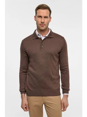 Süvari Sütlü Kahve Regular Düz Fermuarlı Polo Yaka Kazak