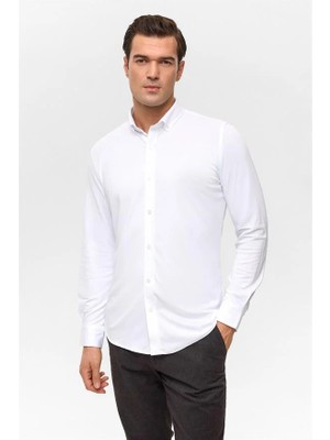 Süvari Beyaz Slim Düğmeli Yaka Manşetli Casual Gömlek