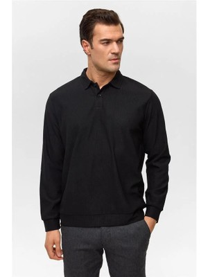 Süvari Siyah Regular Düz Fermuarlı Polo Yaka Sweatshirt