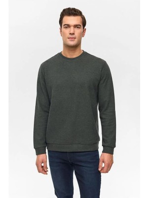 Süvari Haki Regular Düz Bisiklet Yaka Sweatshirt