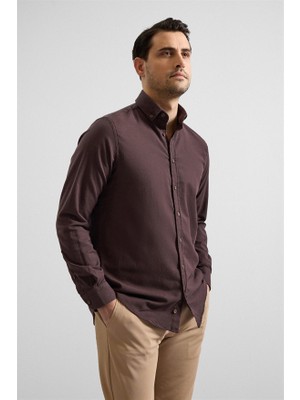 Süvari Koyu Kahve Regular Düğmeli Yaka Düz Cepsiz Casual Gömlek