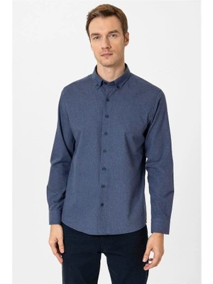 Süvari Lacivert Slim Düğmeli Yaka Düz Casual Gömlek