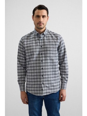 Süvari Gri Regular Düğmeli Yaka Kareli Casual Gömlek