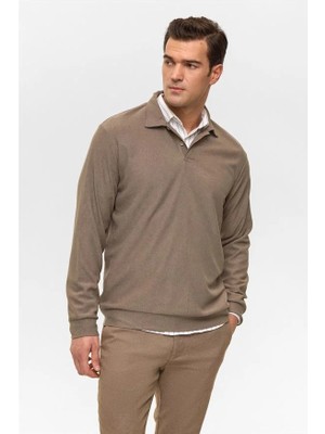 Süvari Açık Kahve Regular Düz Fermuarlı Polo Yaka Sweatshirt