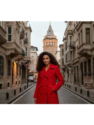 Blu Kadın Kruvaze Astarsız Manto %100 Kaşmir Uzun Kol Kırmızı Düz Desenli Şık Tasarım