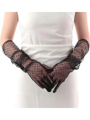Epilons Mey Ithalat® Uzun Boy Siyah Puantiyeli Siyah Renk Yetişkin Tül Eldiven 55 cm