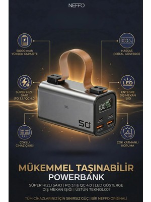 Neffo 50.000MAH Powerbank PD100W Hızlı Şarj | Qc3.0 & PD22.5W | LED Ekranlı | Fenerli
