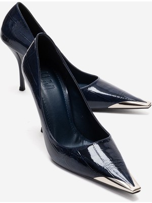 Luvi Alvena Lacivert Baskı Önü Metal Detaylı Kadın Topuklu Ayakkabı