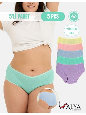 Alya Underwear %100 Pamuk Kumaşlı, Büyük Beden Yüksek Bel Kalp Desenli Ribana Jakar Kadın Külot