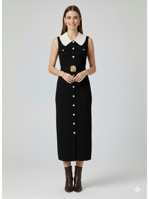 On Triko Önlük Yaka Beli Kemerli Süs Düğmeli Elbise 70412