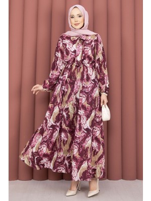 Md Fular Yakalı Desenli Tesettür Elbise Mürdüm