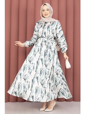 Md Neva Beli Büzgülü Kuşaklı Elbise Zümrüt