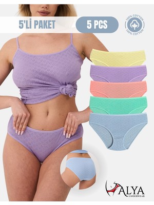 Alya Underwear %100 Pamuklu Kadın Külot Normal Bel Yükseklikli Jakarlı Kalp Desenli Kumaş Slip