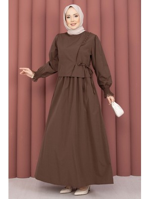 Asm Güpür Şeritli Elbiseli Ikili Takım Kahve