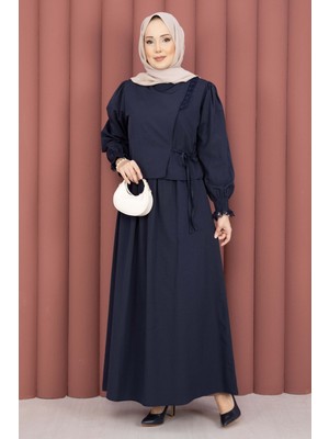 Asm Güpür Şeritli Elbiseli İkili Takım Lacivert