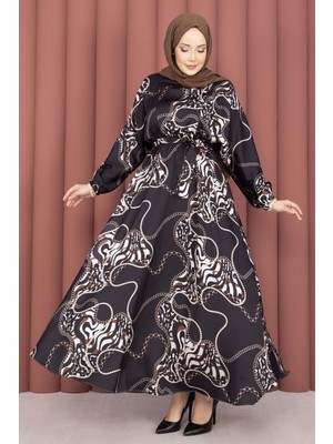 Md Zincir Desen Kuşaklı Tesettür Elbise Siyah