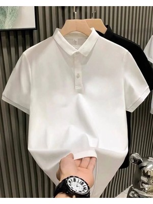 Yakası Düğmeli Yakalı Pike Düz T-Shirt - Beyaz Erkek Günlük Kısa Kol Orta Kalınlık