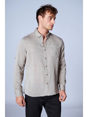 Twister Eg 1896 Tek Cep Kendinden Dokulu Erkek Keten Gömlek