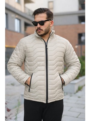 Comstar Erkek Kışlık Fermuarlı Günlük Kapitone Krem Şişme Mont