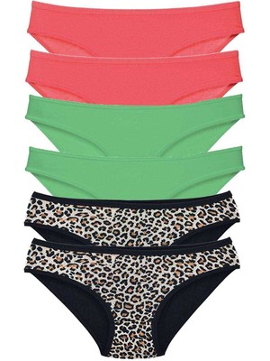 Liyuza 6 Adet Likralı Kadın Slip Külot Leopar Fuşya Yeşil