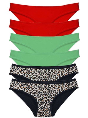 Liyuza 6 Adet Likralı Kadın Slip Külot Leopar Kırmızı Yeşil