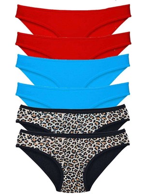 Liyuza 6 Adet Likralı Kadın Slip Külot Leopar Kırmızı Mavi