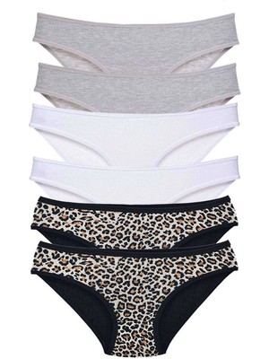 Liyuza 6 Adet Likralı Kadın Slip Külot Leopar Gri Beyaz