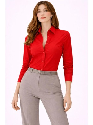 Kadın Uzun Kollu Gömlek Düğmeli Klasik Yaka Günlük ve Ofis Şıklığına Uygun - Kırmızı