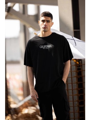 Glam Love Bisiklet Yaka Baskılı Oversize T-Shirt - Siyah -