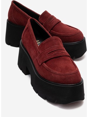 Luvi Santıa Bordo Süet Kadın Kalın Tabanlı Loafer Ayakkabı