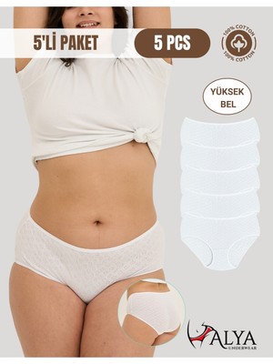 Alya Underwear %100 Pamuk Kumaşlı, Büyük Beden Yüksek Bel Kalp Desenli Ribana Jakar Kadın Külot