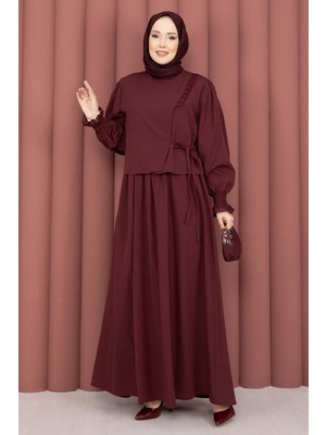 Asm Güpür Şeritli Elbiseli İkili Takım Bordo